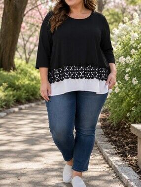 Laura Black Layered Lace Hem Long Sleeve Tunic Top Plus Size Boho Chic Casual
